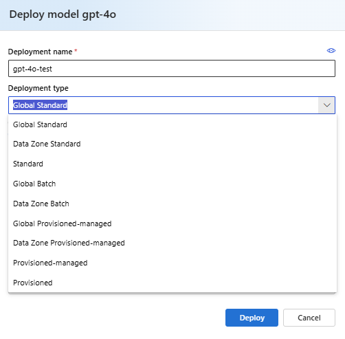 Screenshot that shows the model deployment dialog in Azure AI Foundry portal with three deployment types highlighted.